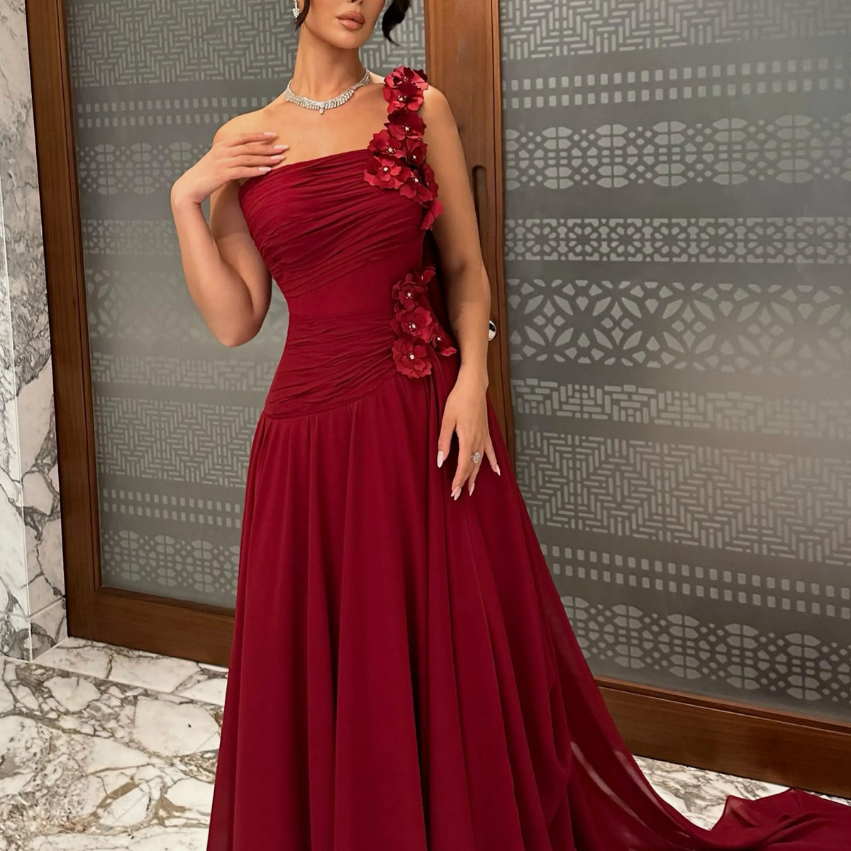 Burgundy One Shoulder Evening Dress 3D Floral Appliques Long Train Formal Gown for Gala Party