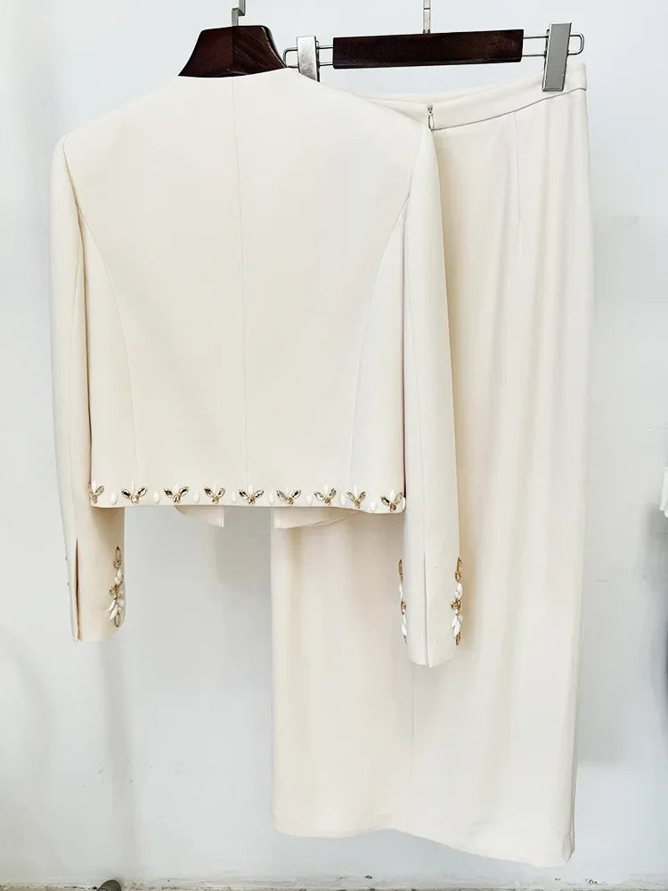 HIGH QUALITY Newest Fashion 2025 Designer Suit Set Women's Rhinestone Diamonds Beaded Cardigan Jacket Split Half Skirt Set 2pcs