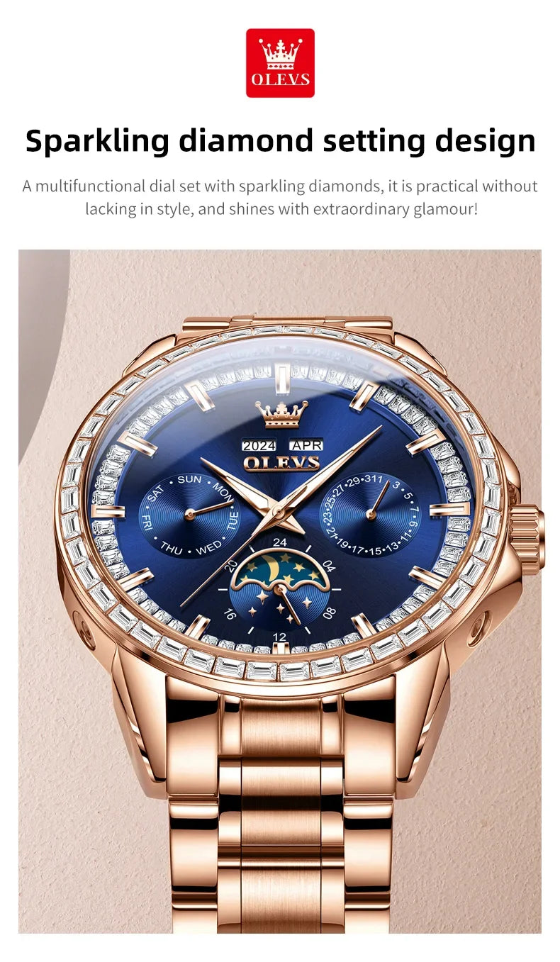 OLEVS 6695 NEW Men's Watches Full Multifunctional Dial Blue Leather Strap Calendar Week Moon Phase Waterproof Wristwatch...