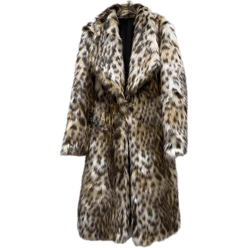 Women Faux Fur Long Coats Jackets Turn Down Collar Leopard Print Coat Thick Warm Y2k Streetwear Jacket Outerwear Autumn Winter