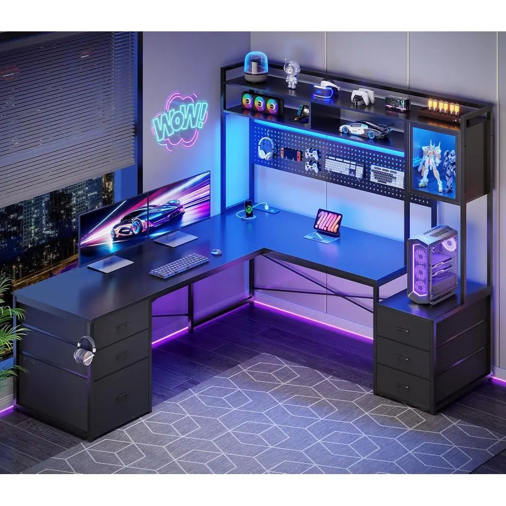 L-Shaped Gaming Desk with Drawers, Reversible, LED-lit, Black, for Dual Players with Power Outlets - Kimlud