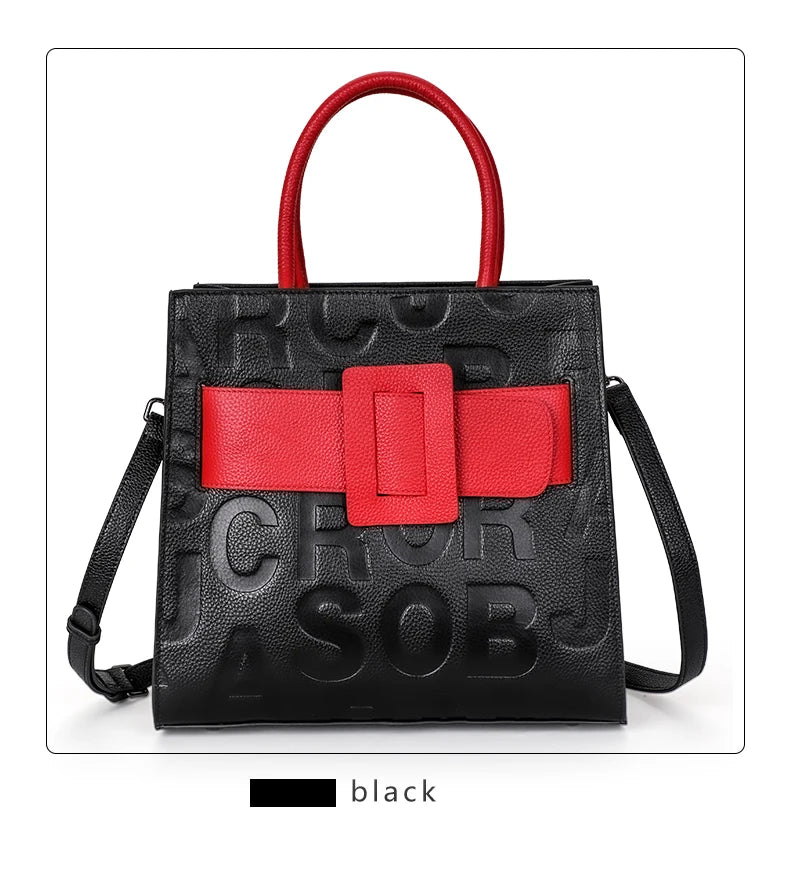 Aidrani Fashionable women's large capacity handbag with letter print design, made of cowhide material, square, black