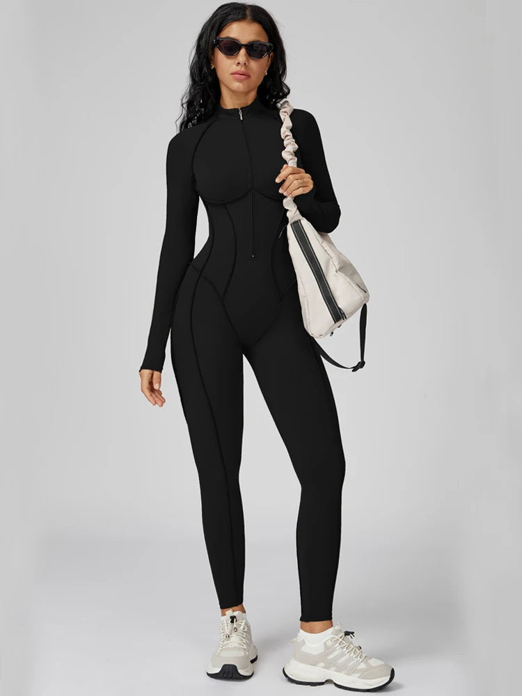 VITALINOVO Womens Running Onesie Athletic Romper Pants Long Sleeve Zip Up Hiking Outfits One Piece Workout Bodycon Jumpsuits