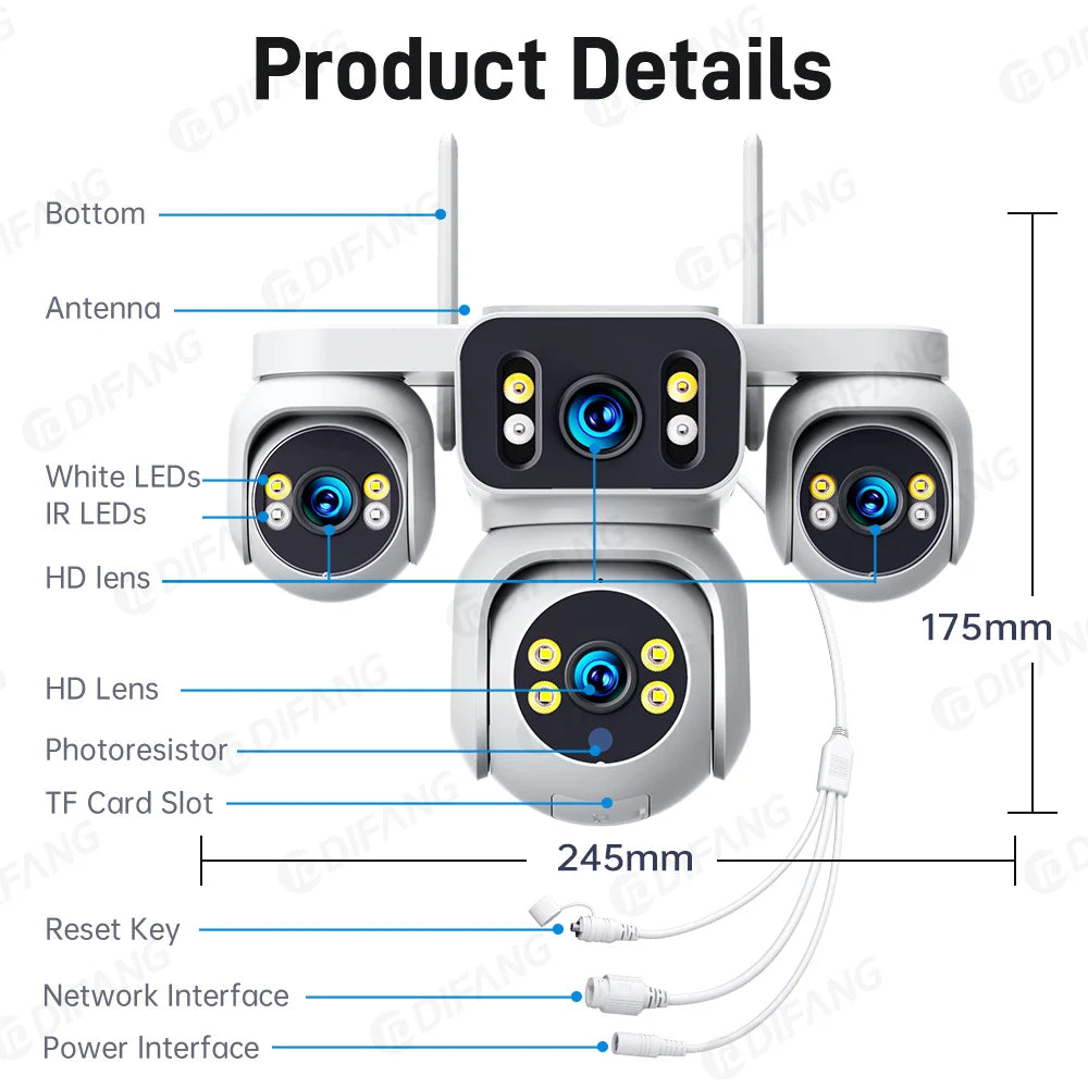 DiFang 20MP 10K 16X Zoom 4 Screens WiFi IP Camera Wireless Outdoor 4 Lens PTZ Human Auto Tracking Surveillance Cameras
