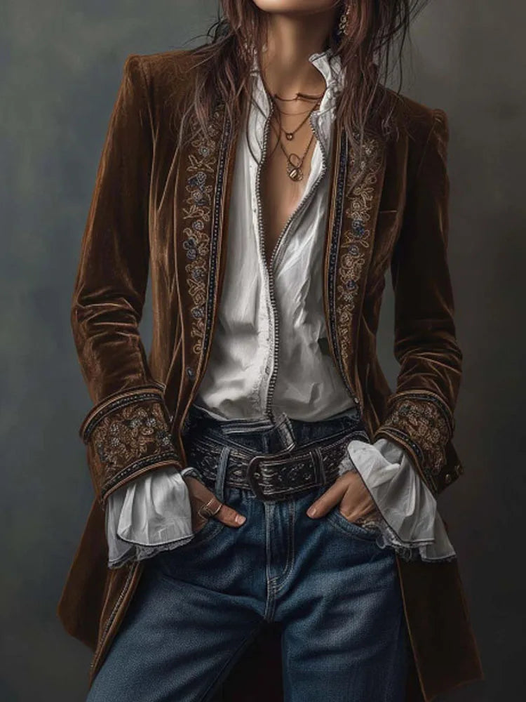 Autumn Causal Long Sleeve Women's Outercoat Winter Elegant Patchwork Lace Velvet Slim Coat Vintage Pattern Print Cardigan Jacket