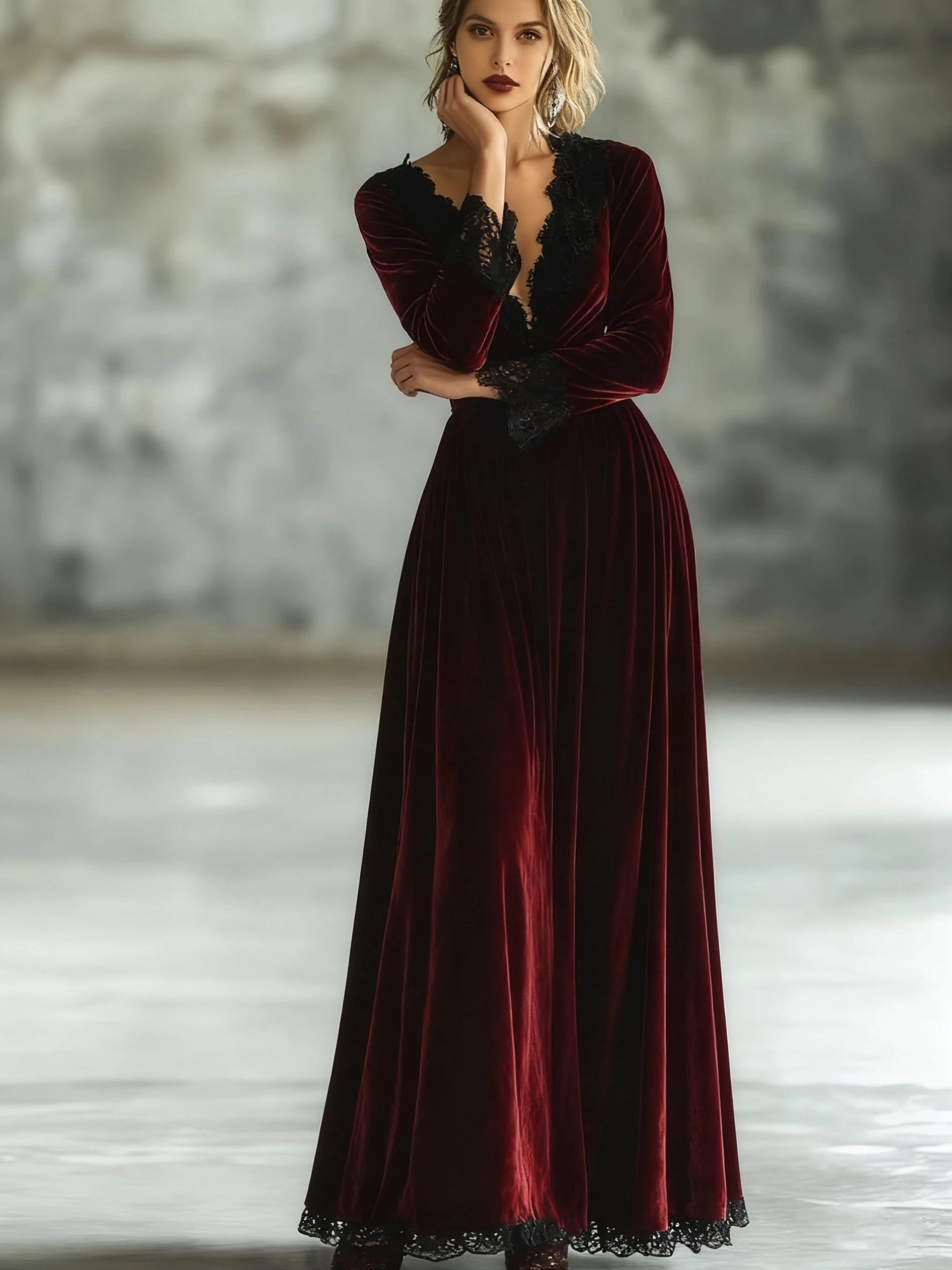 Autumn Women Dress Vintage Pleated V Neck Long Sleeve Velvet Lady Maxi Dress Solid Color Lace Stitching Slim Fit Female Dresses