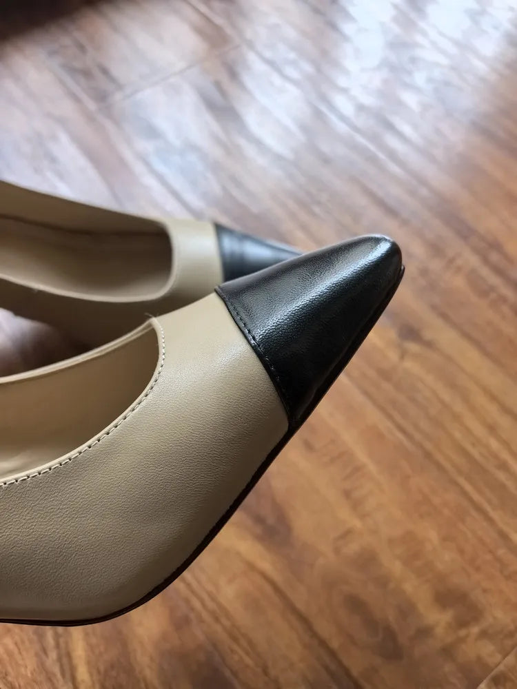 MKKHOU Fashion Shoes New High Quality Genuine Leather Shoes Color blocked Round Head Shallow Mouth High Heels Women's Shoes - Kimlud