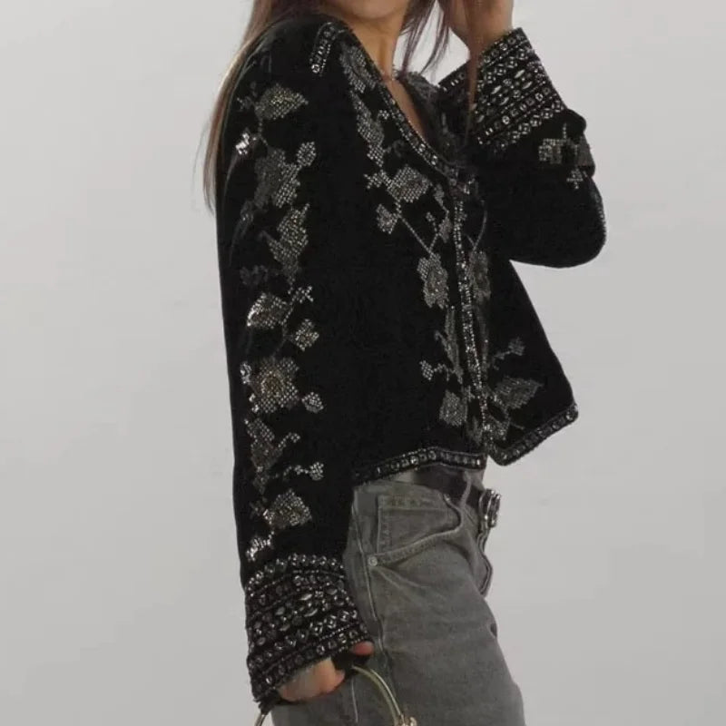 Women Vintage Velvet Embroidery Short Jacket Casual Slim Long Sleeve O Neck Jackets Winter 2025 New Elegant Simple Street Coat