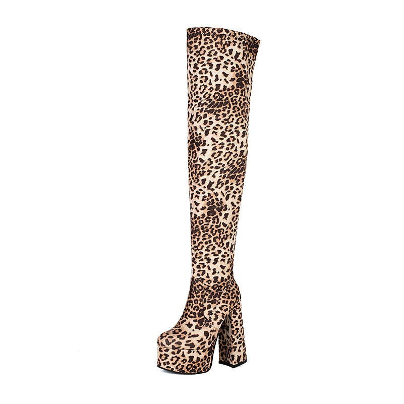 Plus Size High Platform Super Thick Heel Leopard Print Velvet Over The Knee Boots Roman Style Winter Sexy Long Boots