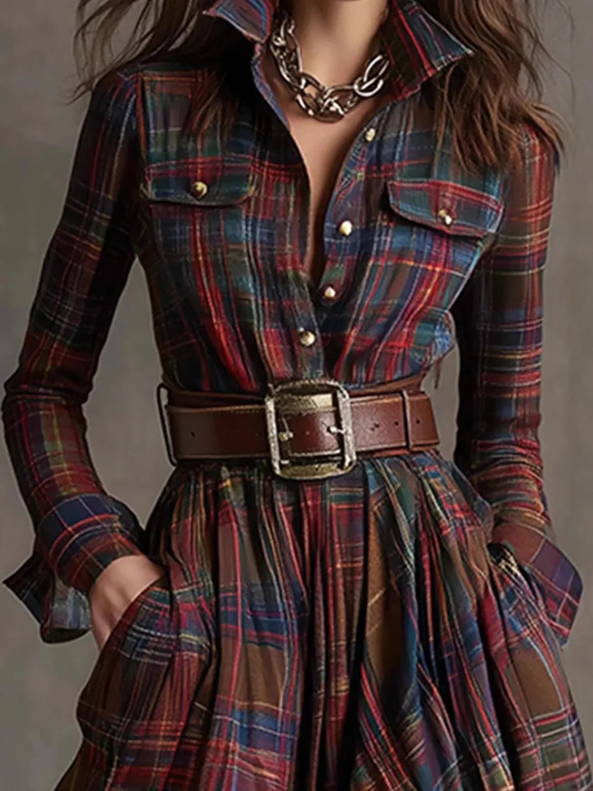 Women Vintage Elegant Suede Tassel Mini Dress High Neck Long Sleeve Pockets Fringe Hem Dress Fashion Solid Autumn Party Dresses