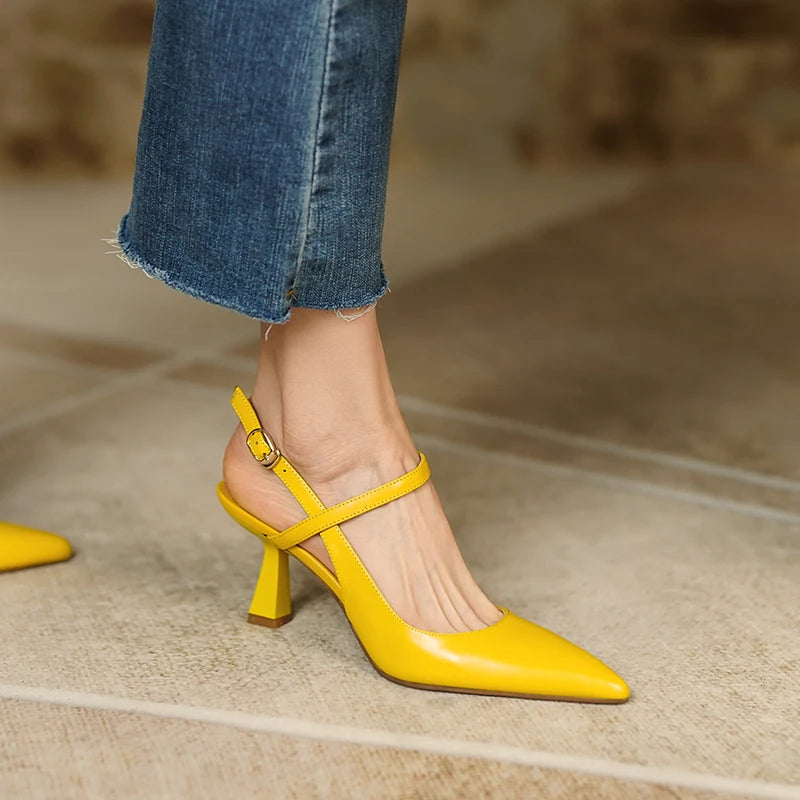 Fashion Slingbacks Women Pumps Spring Summer Office Ladies Party Prom Genuine Leather Pointed Toe High Heels Shoes Woman Sandals