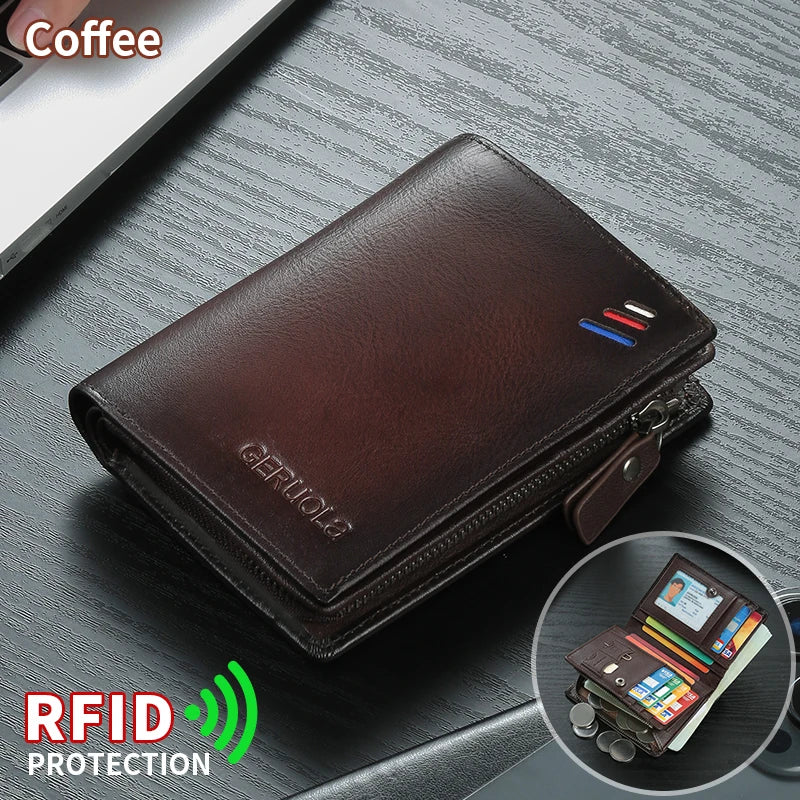 Men’s genuine leather wallet with zipped coin pocket, top-grain cowhide RFID-protected credit card holder | Kimlud Mid...