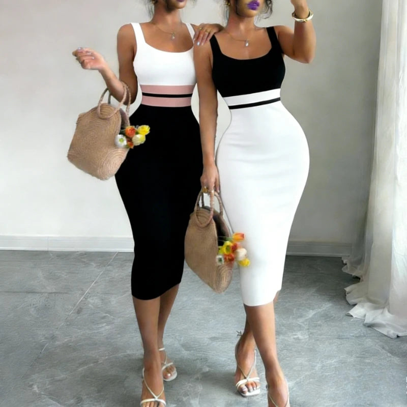 Women's White Black Patchwork Block Square Neck Sleeveless Stretchy Knit Bodycon Midi Dress Elegant Summer Daily Party...