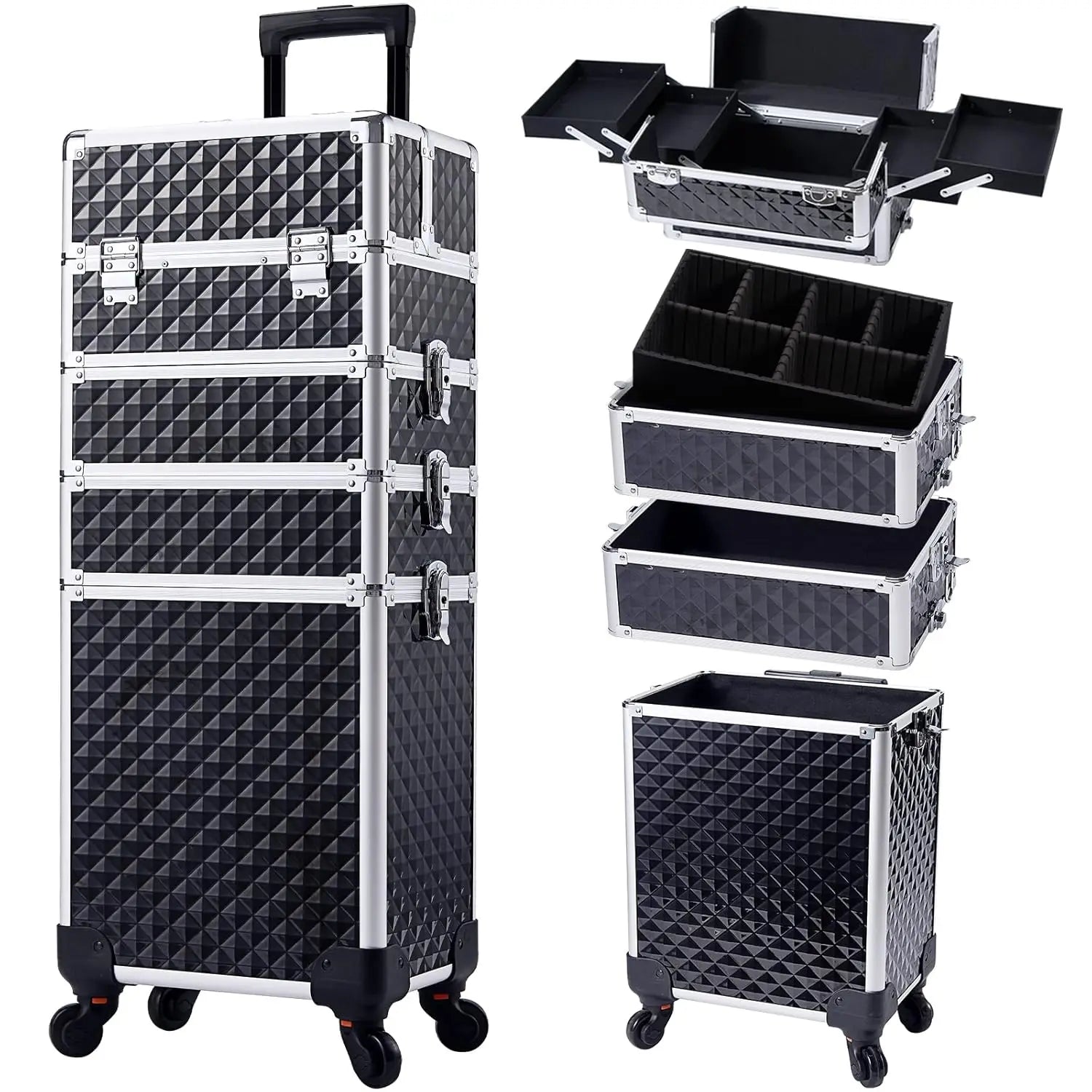 Rolling Makeup Train Case Cosmetic Trolley 4 in 1 Large Capacity Makeup Travel Case with Key Wheels Salon Barber Case Traveling