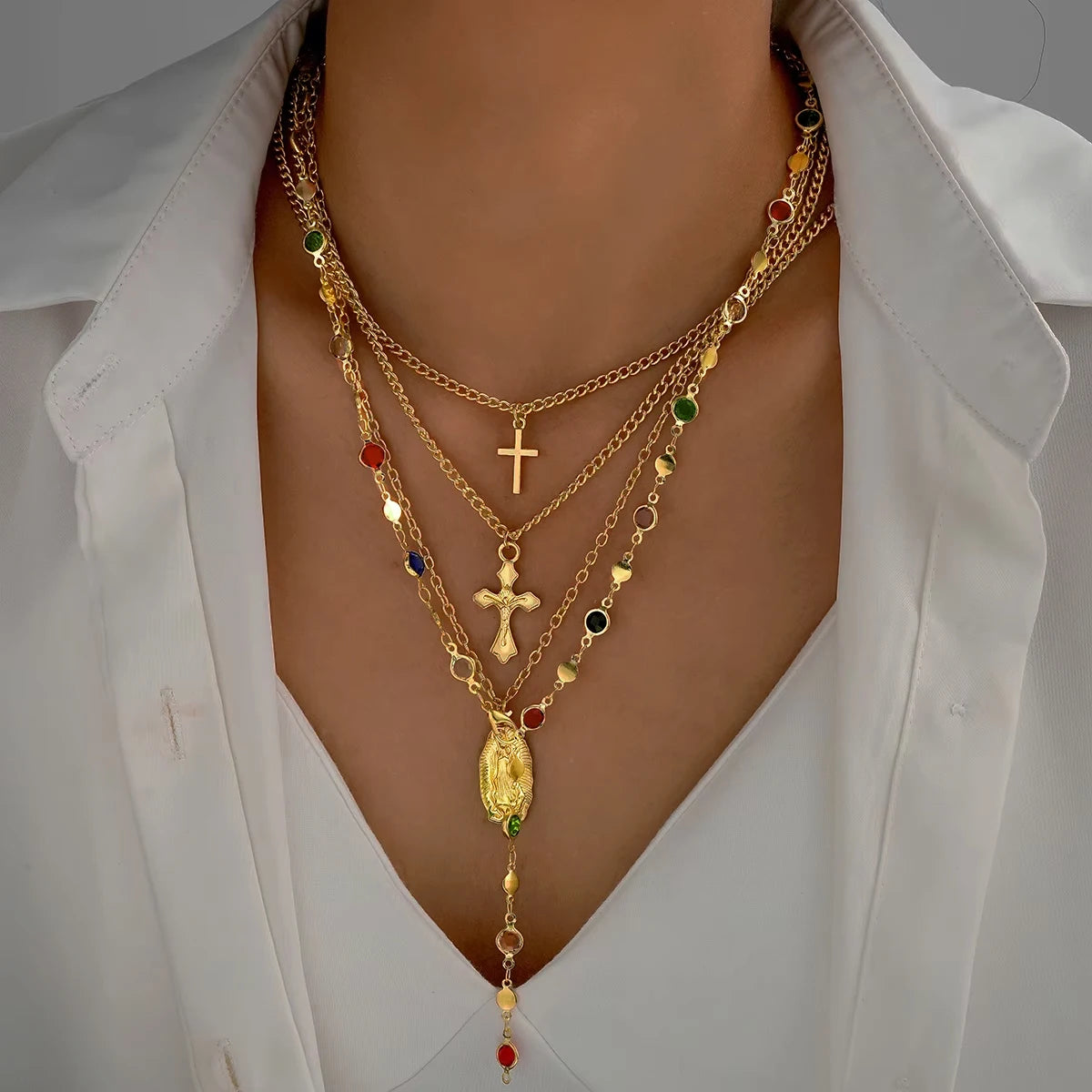 4Pcs/Set Cross Colorful Crystal Necklaces For Women Simple Gold Silver Color Y-Shaped Pendant Necklace Set New Christian Jewelry