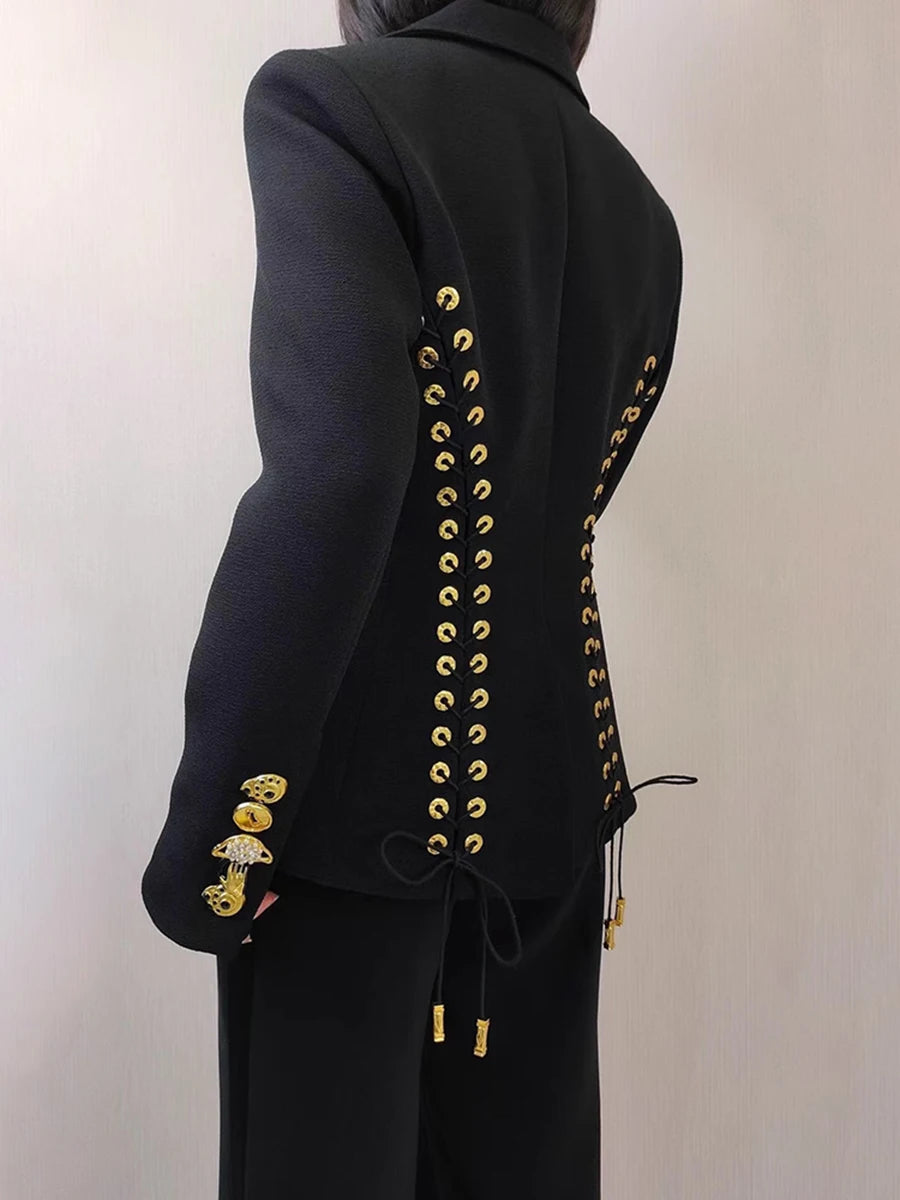 TWOTWINSTYLE Solid Spliced Lace Up Slimming Jackets For Women Lapel Long Sleeve Tunic Temperament Patchwork Button Coat Female - Kimlud