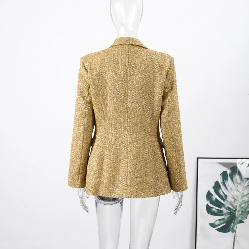 Elegant V-neck Sequin Blazer Women Double Breasted Full Sleeves Solid Slim Jackets Lady 2025 Autumn Formal Female Outwears New