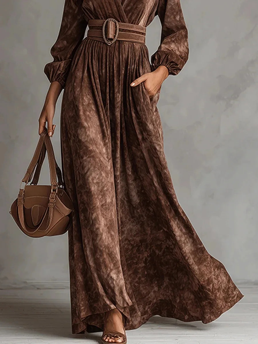 Women's Vintage Paisley Print Maxi Dress Long Sleeve V Neck Zip up High Waist Flowy Long Dress for Autumn Party Evening Wear