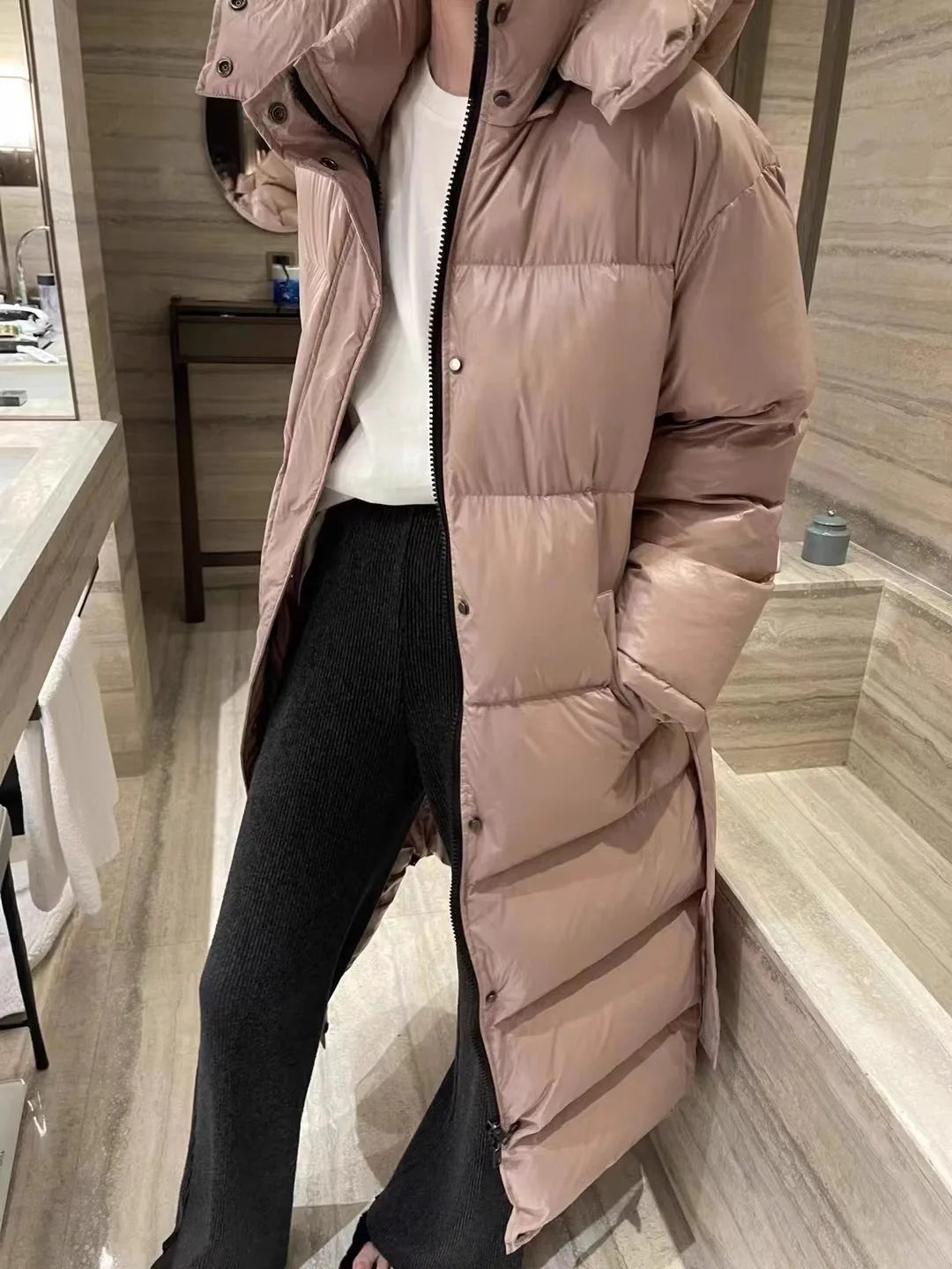 With Belt Women's Winter Down Jacket Long Puffer Coat White Duck Thick Warm Hooded Waterproof Down Jacket With Sashes Outwear