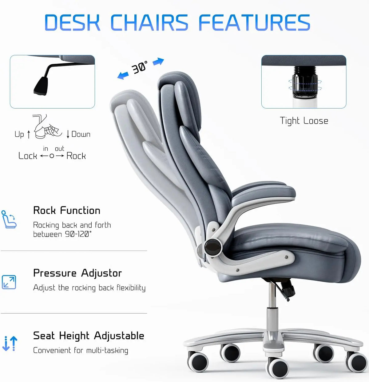 Office Chair 400lb Wide Seat, Ergonomic High Back Leather Executive Desk Chair with Flip-up Arms, Gray/Blue | Kimlud...