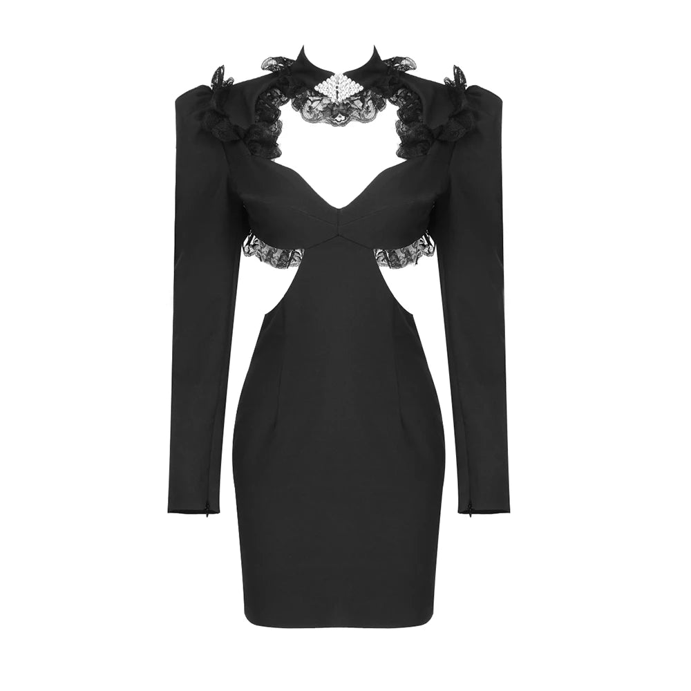 VC Elegant Dresses For Women Dinner Party Wear Long Sleeve Waist Cut Out Patchwork Lace Black V Neck Mini Dress Gown