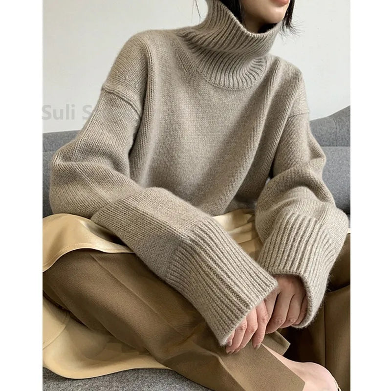 2023 Autumn and Winter New Thick Cashmere Sweater Women High Neck Pullover Sweater Warm Loose Knitted Base Sweater Jacket Tops