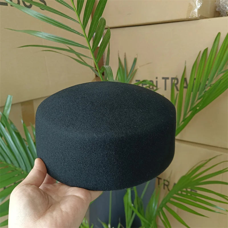 Vintage Hard Top Flat Fedoras Hats Women 100% Wool Felt Berets Hat Wedding Fascinator Caps Wedding Cocktail Party...