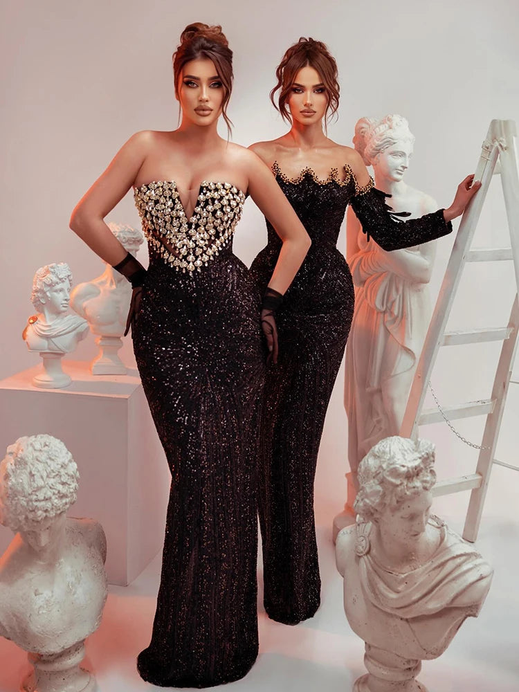 VC Black Strapless Diamonds Pearl Mermaid Long Dress Deep V Plunge Bodycon Elegant Party Evening Gowns Vestidos with Gloves