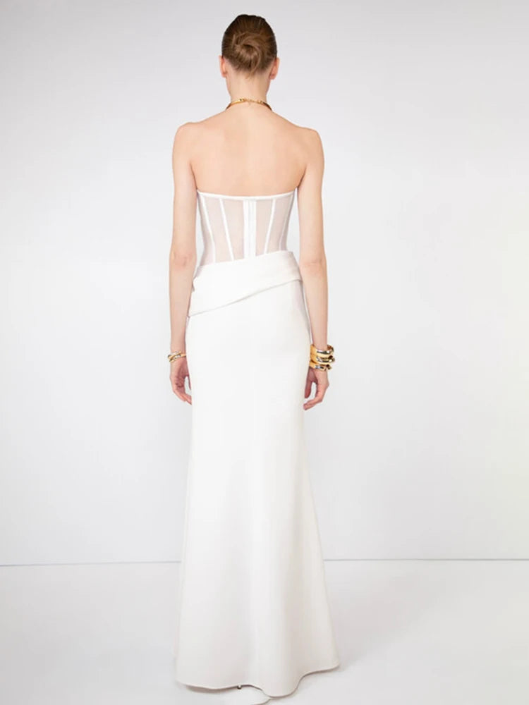 VC Elegant White Corset Simple Wedding Dress – Strapless Sheer Bodice Maxi Dress for Women Modern Minimalist Engagement Dress
