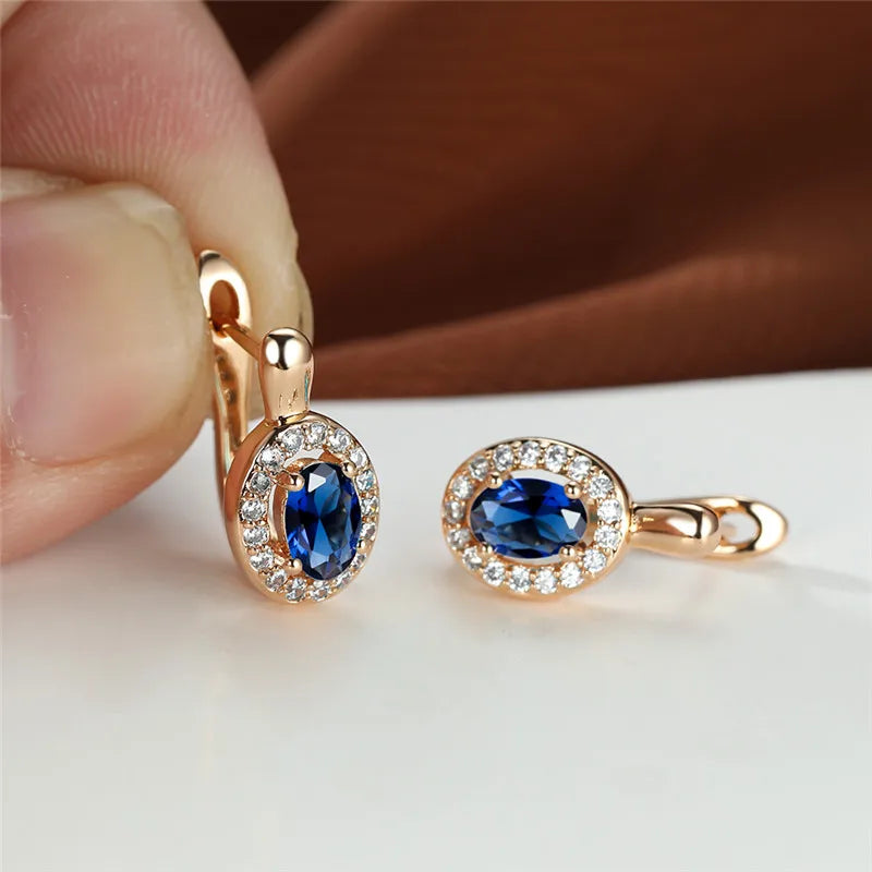 Cute Female Rose Gold Color Crystal Blue Stone Earrings Dainty Oval Zircon Wedding Jewelry For Women | Kimlud Mid Range...