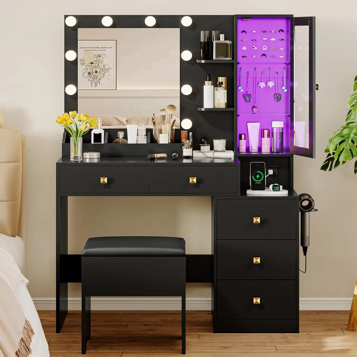 Vanity Desk with Mirror and Lights, Makeup Vanity Table Set with 5 Storage Drawers, Power Outlet & Chair, Small Dressing Table