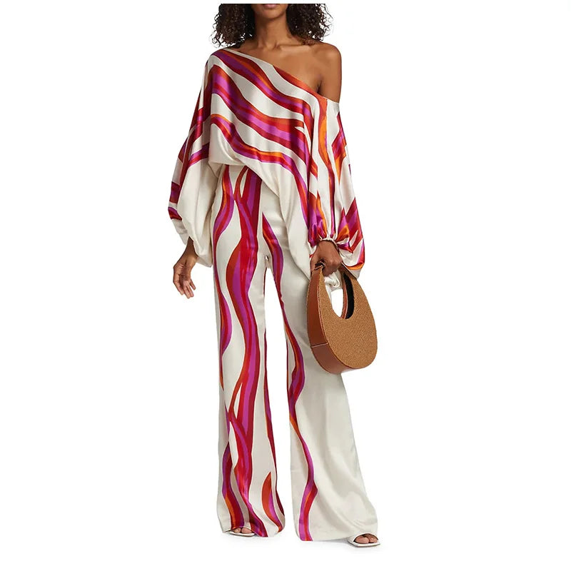 Women Satin Print Pajamas Suit Fashion Hollow Off Shoulder Tops with Long Pants 2 Piece Sets 2024 Homewear Commuting Outfits - Kimlud