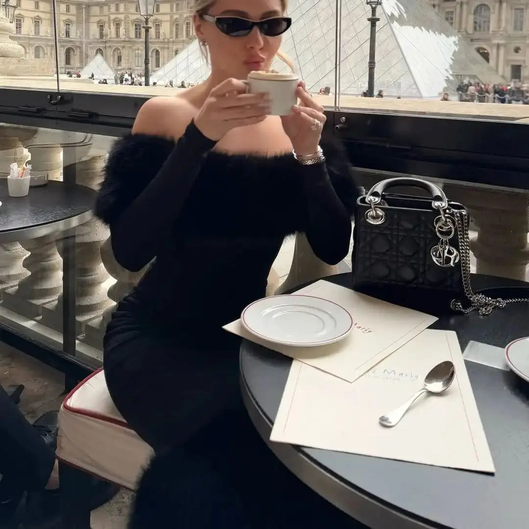 Ofherown Elegant Off Shoulder Black Midi Evening Dress with Faux Fur Long Sleeve Bodycon Party Dress Women Luxury Cocktail Gowns