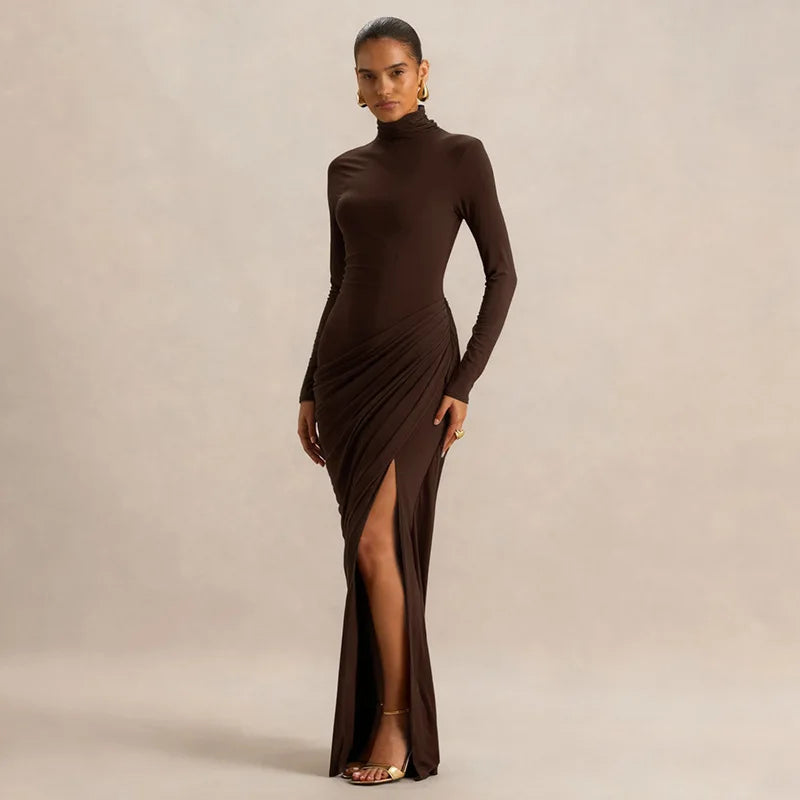 Slim Fit High Neck Pleated Dress with Slit Elegant Lady's Long Sleeve Dress Thick Material High Waist Bodycon Gown for Women - Kimlud