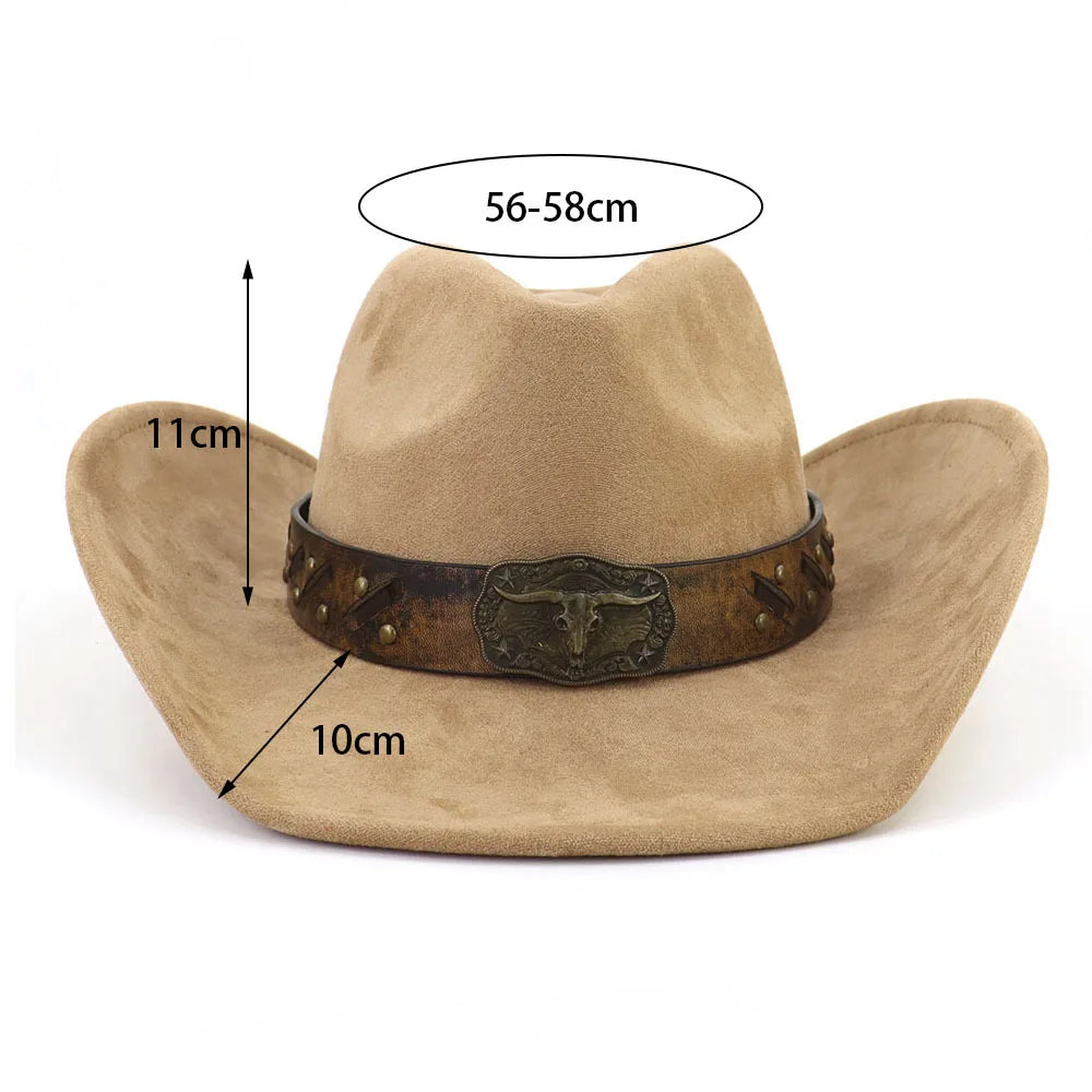 Western Big Brim Cowboy Hat Bull's Head Leather Band Suede Top Hat Outdoor Mens Hats Ladies Party Horse Riding Cowgirl...
