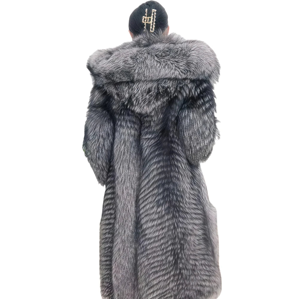 Women Winter Coat Real Fox Fur Coat X-long Luxury Clothes Hooded Natural Fluffy Fur Jacket Ladies Fashion Streetwear Hot