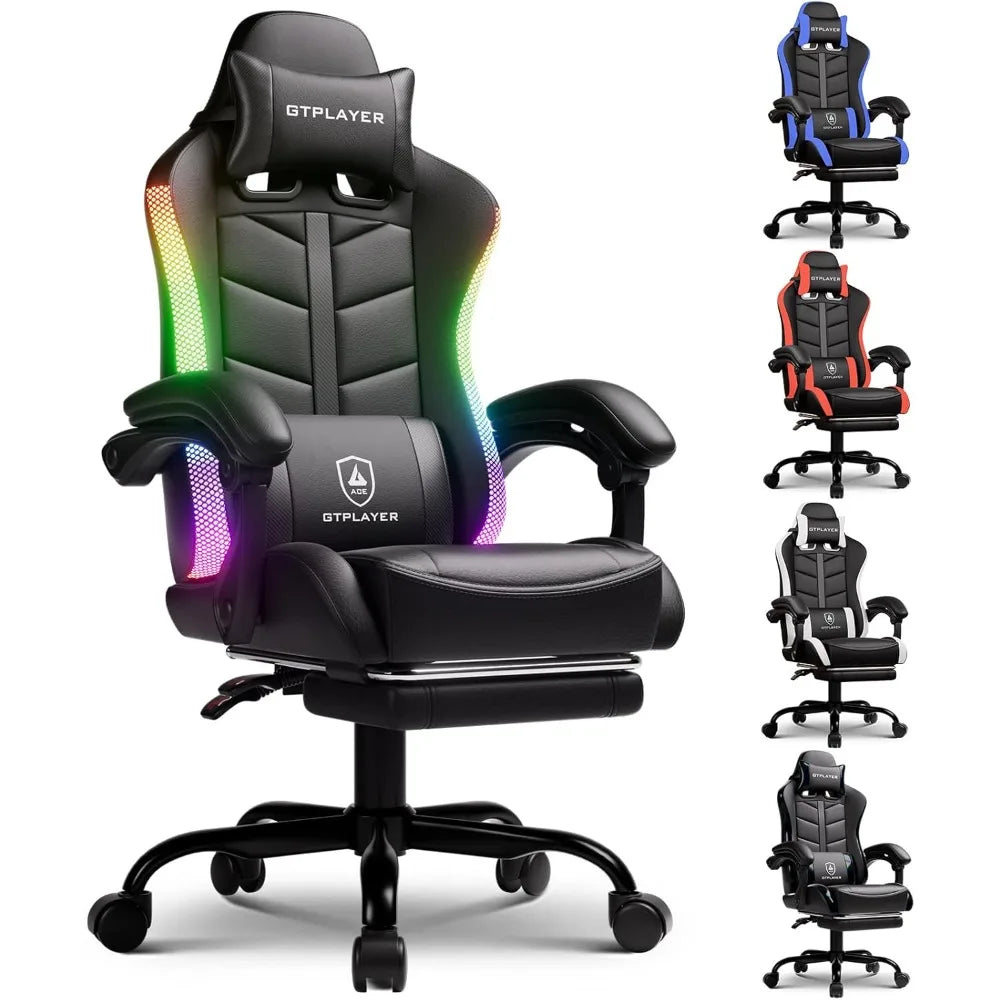 gtplayer rgb gaming chair with footrest, computer gaming chair with led lights for adults, height adjustable pc gamer chair with