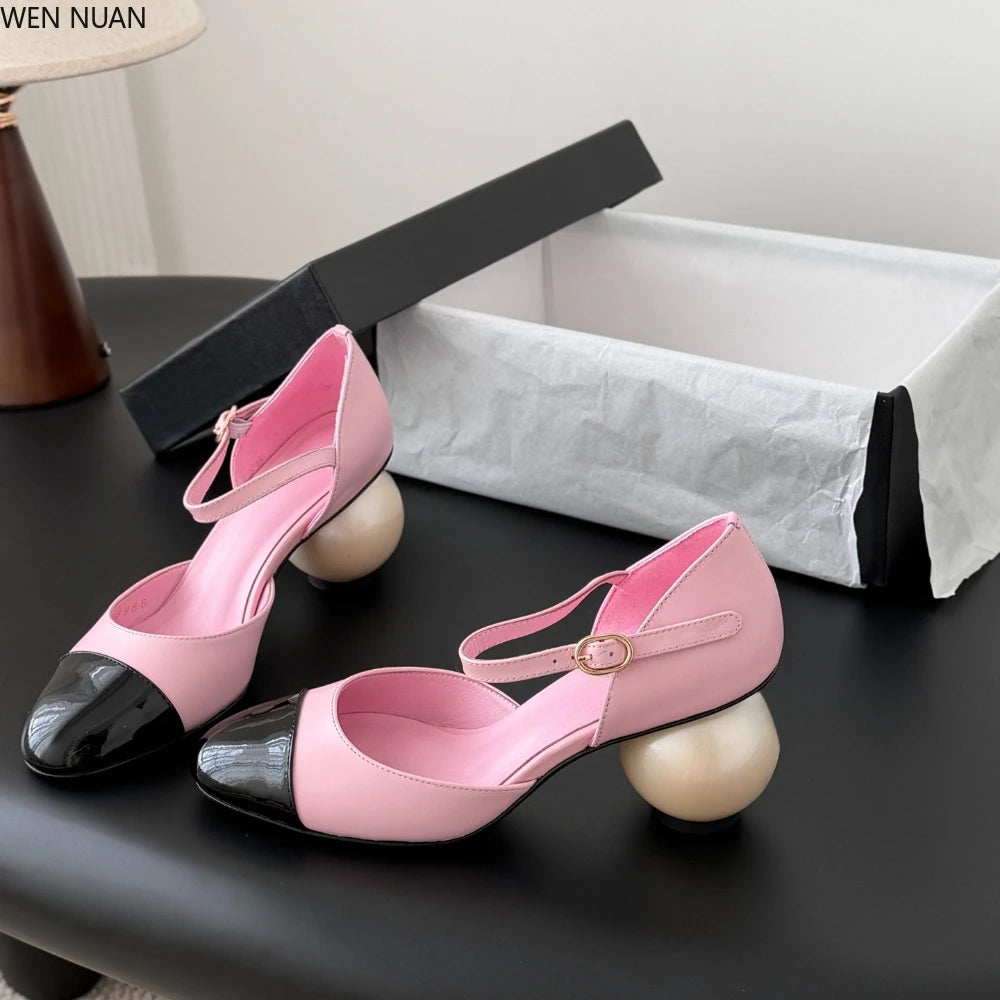 2026 New Genuine Leather Sandals Women Mary Jane Shoes Large Round Pearl Heels Buckle Strap Jane Women's Shoes Leather Side Open - Kimlud