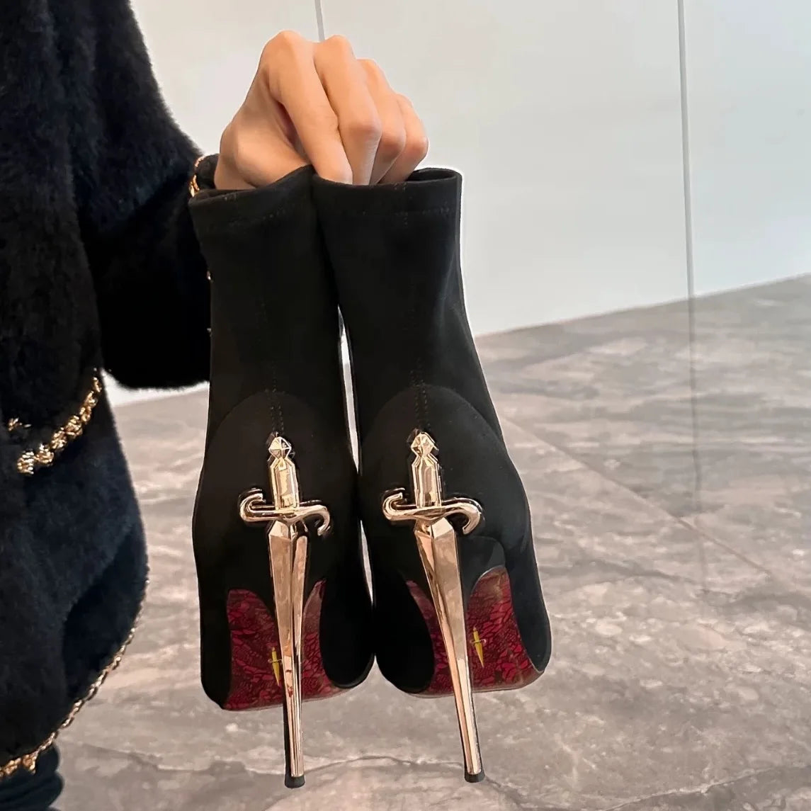 Elegant Short Boots High Boots Velvet Surface Red Bottom High Heels Ladies Fashion Metal Staff Boots Winter Youth Spring