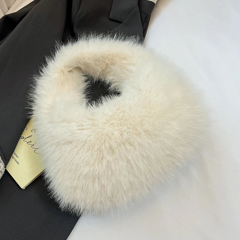 2025 New Winter Soft Plush Bag For Women Designer Half Moon Fluffy Handbag Luxury Red Faux Fur Clutch Bag Female Tote Fashion Ba