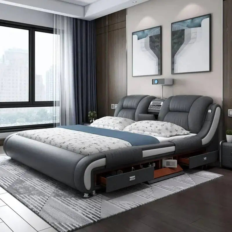 Queen Luxury Modern Double Bed Storage Multifonction Bedroom King Double Bed White Frame Smart Cama Box Casal Room Furniture - Kimlud