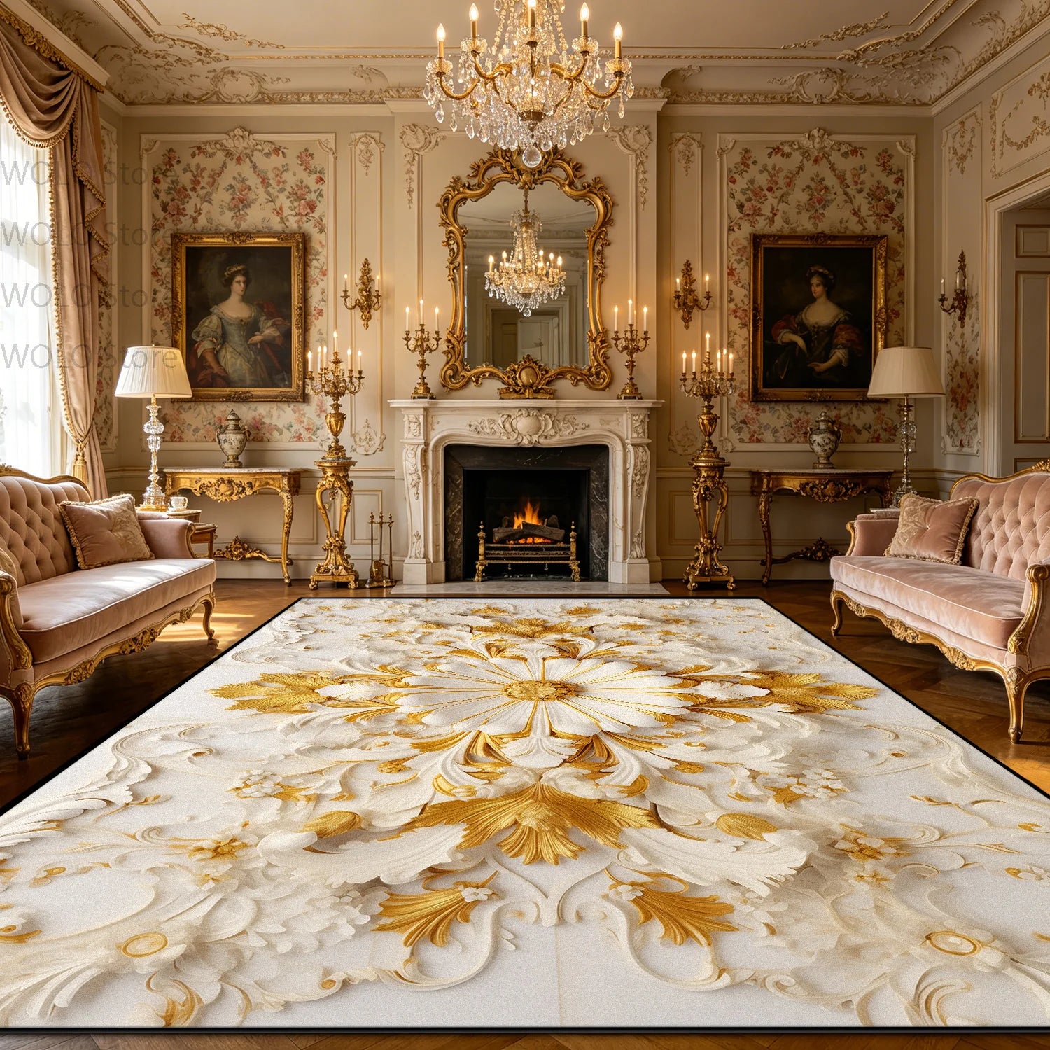 Luxury French Rococo Style Golden Carpet for Living Room Decoration Home Large Area Rugs Dining Room Bedroom Non-slip Floor Mat