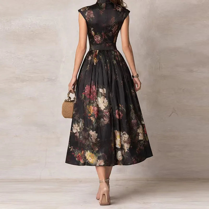 Summer Hot Sleeveless Hollow Evening Dress Woman Mandarin Collar High Waist Pleated Dress Spring Floral Print Satin Long Dresses - Kimlud