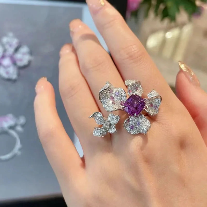 2022 New Trendy Big 925 Ring Amethyst Zircon Flower Open Rings for Women Luxury INS Style Party Dinner Sterling Silver...