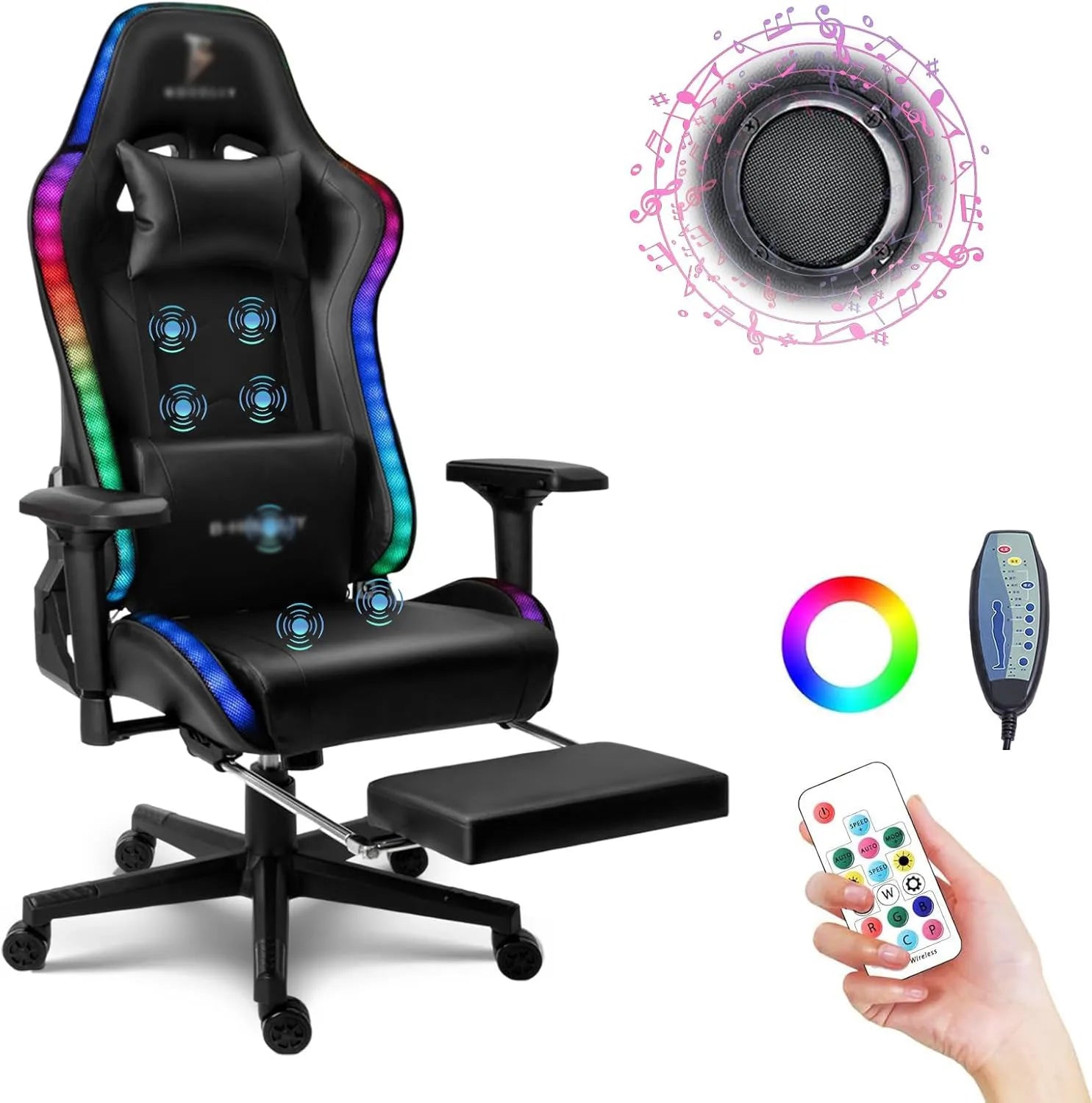 Massage Gaming Chair with Speakers and RGB LED Lights Footrest Music Video Game Chair with Lumbar Support Swivel Adjustable
