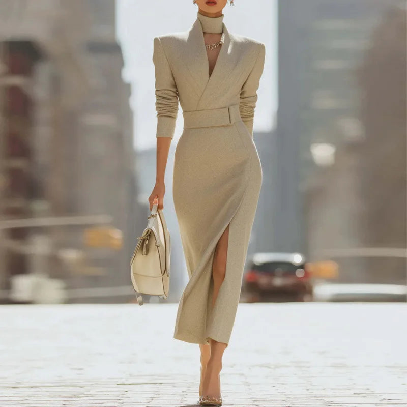 Elegant Solid Slim Belt V Neck Hip Dress Woman Autumn Winter Long Sleeve Split Office Dresses Sexy Boho High Waist...