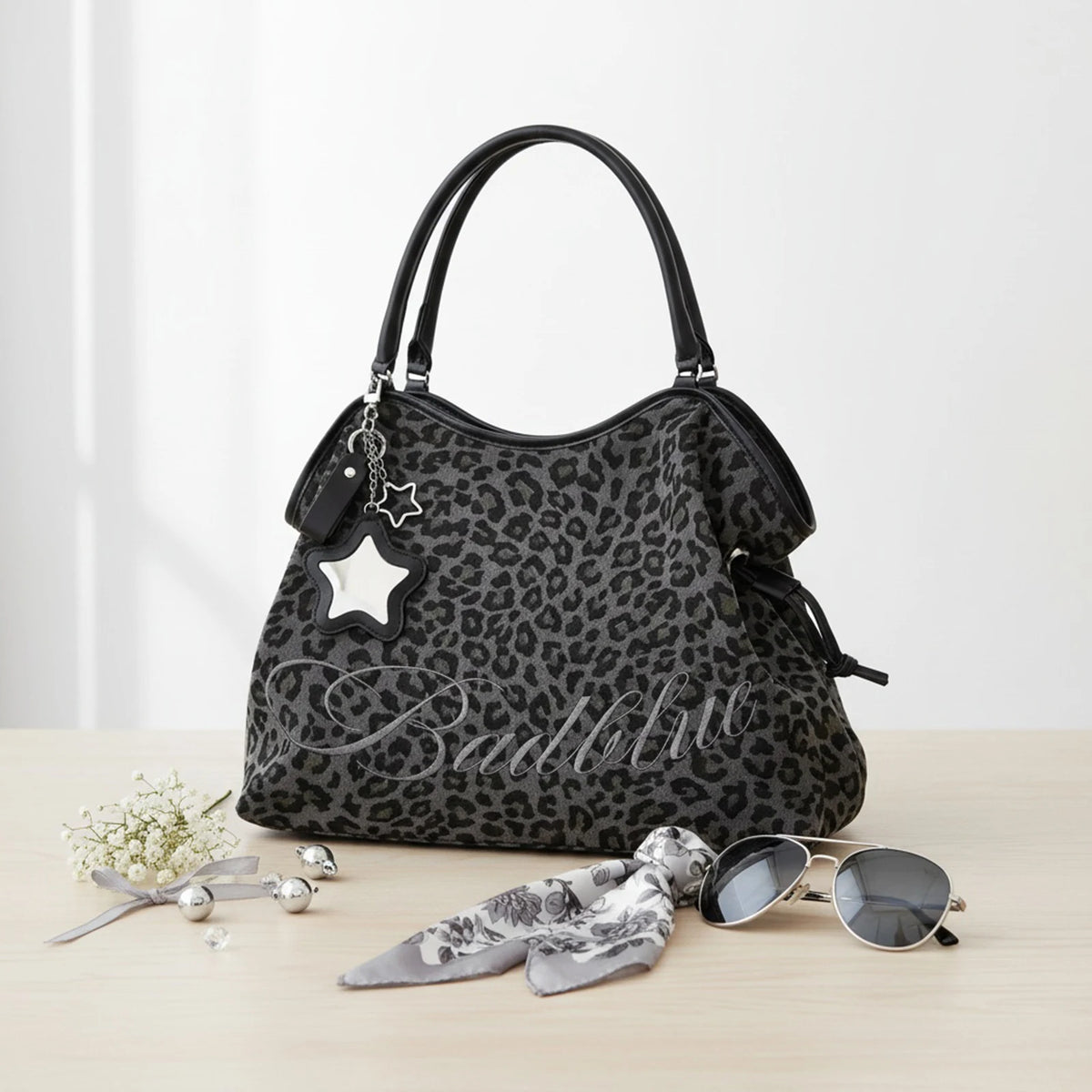 Y2K BadBlue Embroidered Leopard Print Tote Bag Large Capacity Shoulder Bag with Star Mirror Pendant Korean Trendy Women...