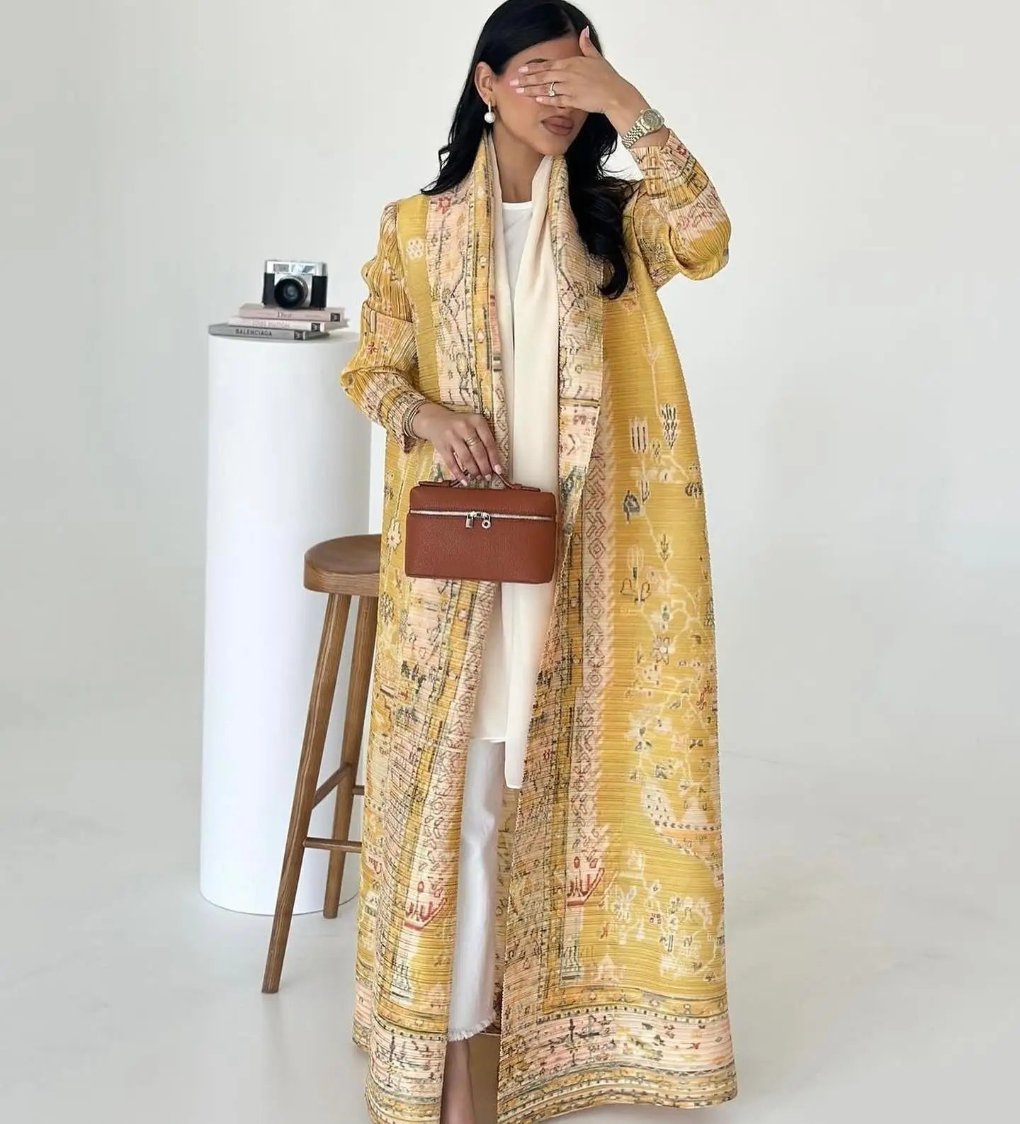 Miyake Fold 2025 Spring New Big Lapel Lace-up Cardigan Long Coat Abaya National Style Printed Long Cape Coat