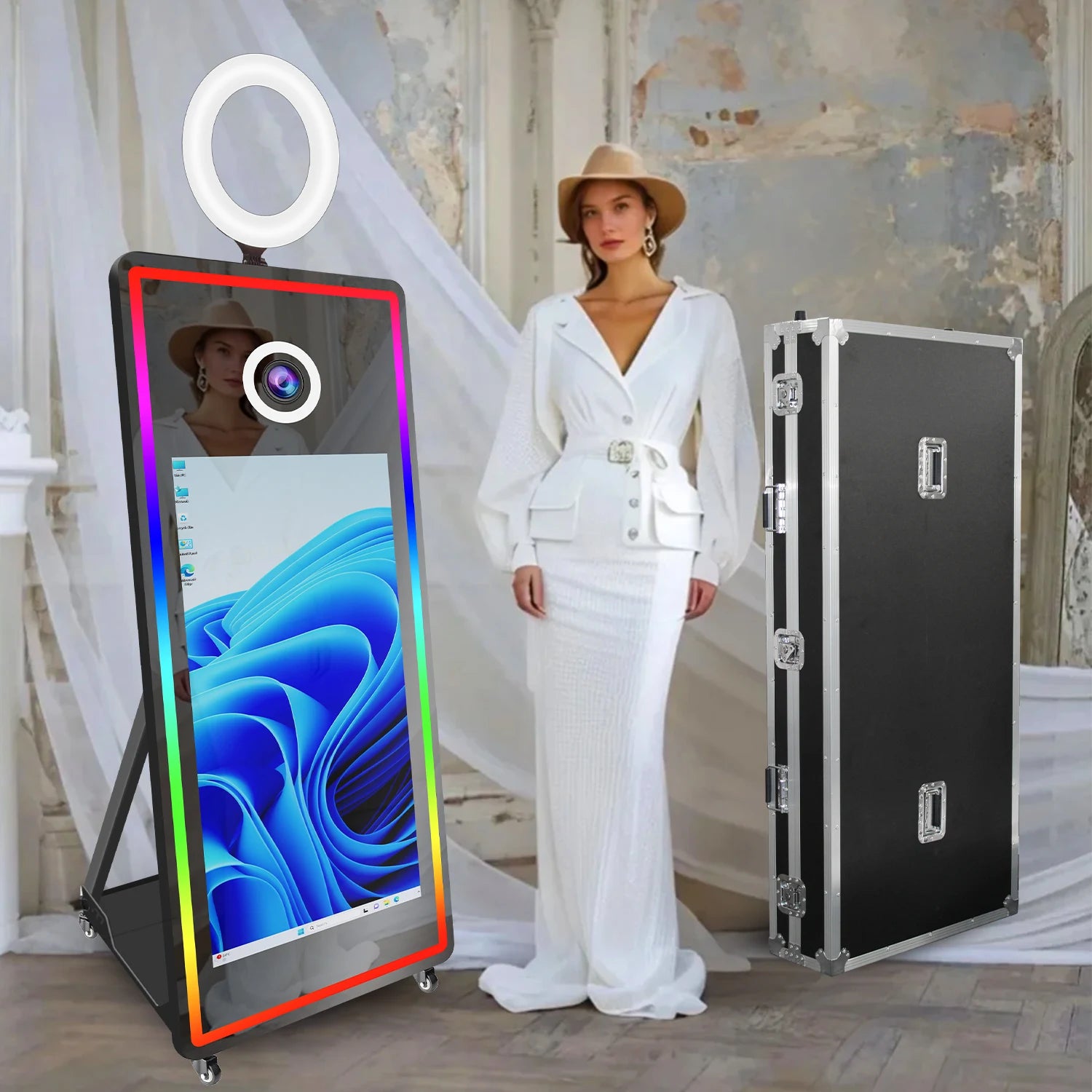 Portabl Magic Mirror Photo Booth 43 inch Touch Screen Camera photoBooth with LED and Flight Case Selfie for Wedding Party Events - Kimlud