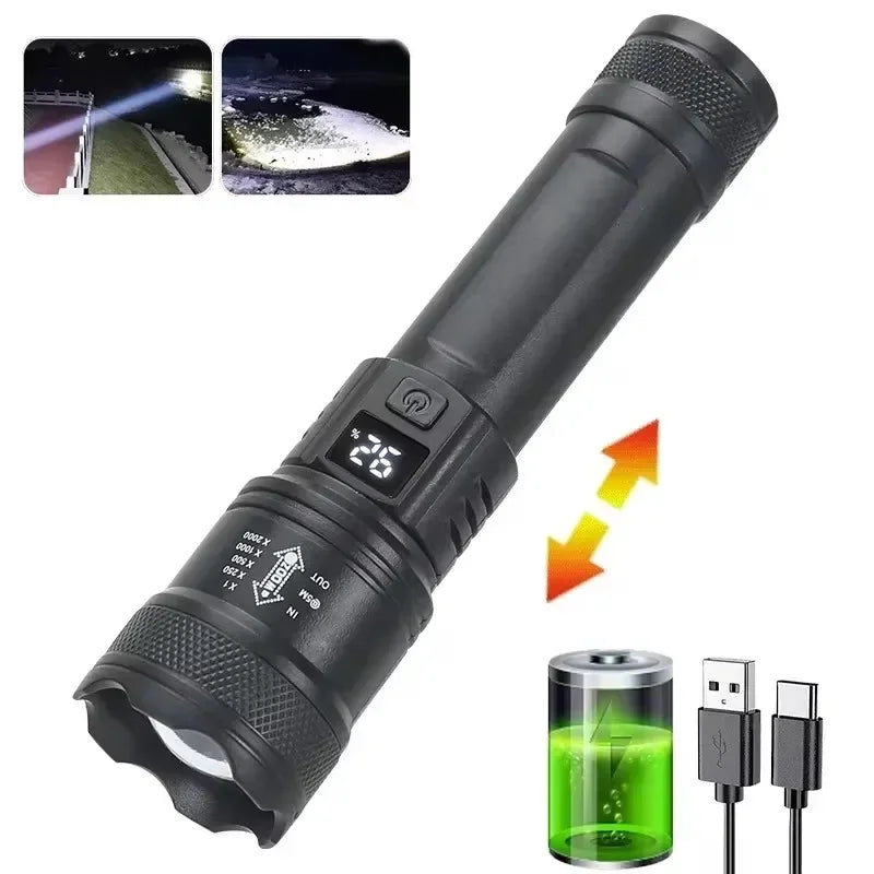 6000000LM LED Flashlight Rechargeable High Power Military Tactical Flashlight Telescopic Zoom Torch Lamp Outdoor Camping Lantern
